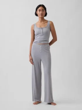 Mini Nervürlü Dantel Henley Pijama Tank Top
