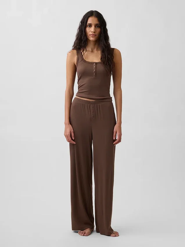 Mini Nervürlü Dantel Henley Pijama Tank Top