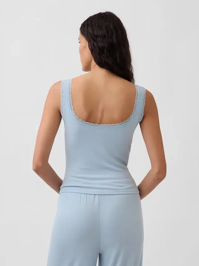 Mini Nervürlü Dantel Henley Pijama Tank Top