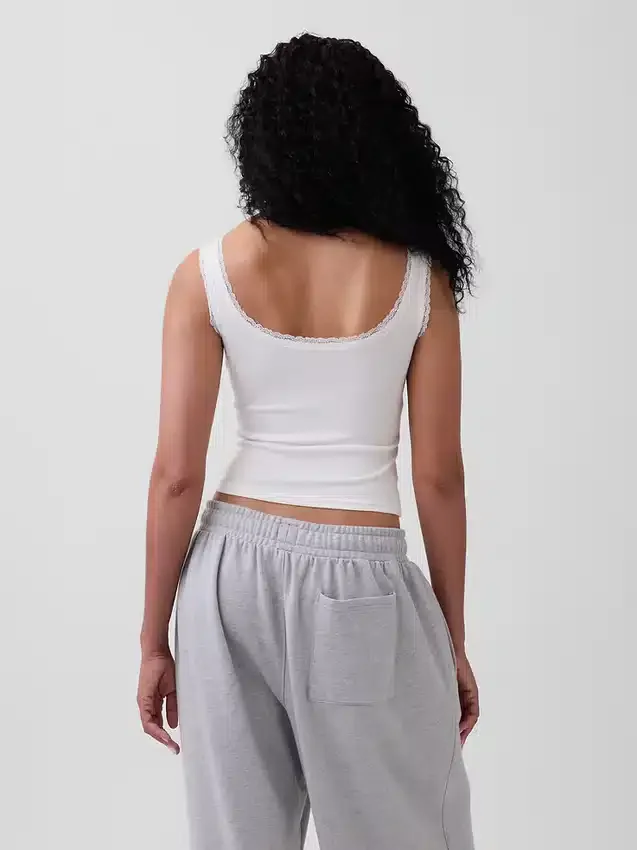 Mini Nervürlü Dantel Henley Pijama Tank Top
