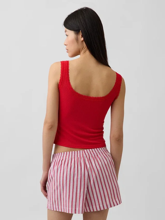 Mini Nervürlü Dantel Henley Pijama Tank Top