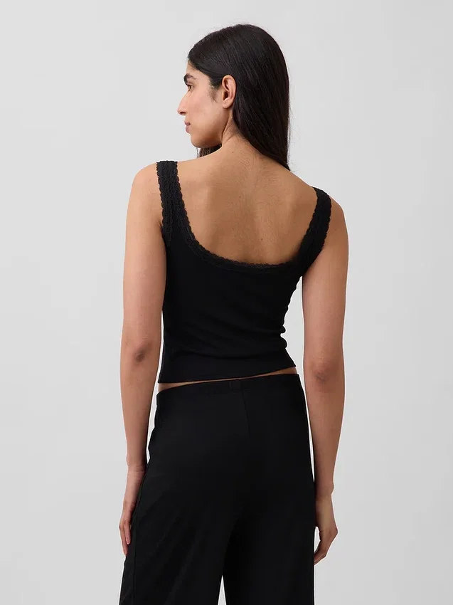 Mini Nervürlü Dantel Henley Pijama Tank Top