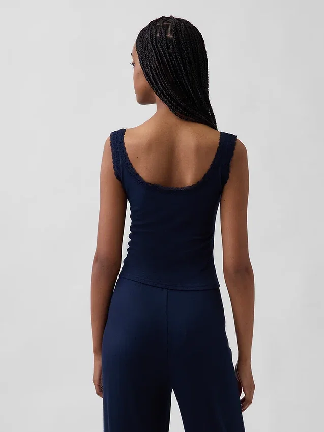 Mini Nervürlü Dantel Henley Pijama Tank Top