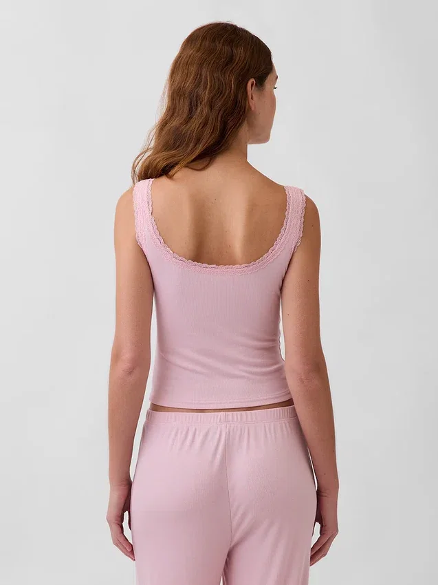 Mini Nervürlü Dantel Henley Pijama Tank Top