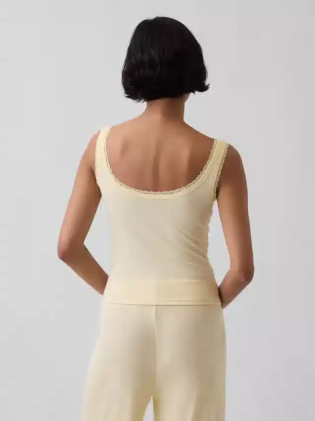 Mini Nervürlü Dantel Henley Pijama Tank Top