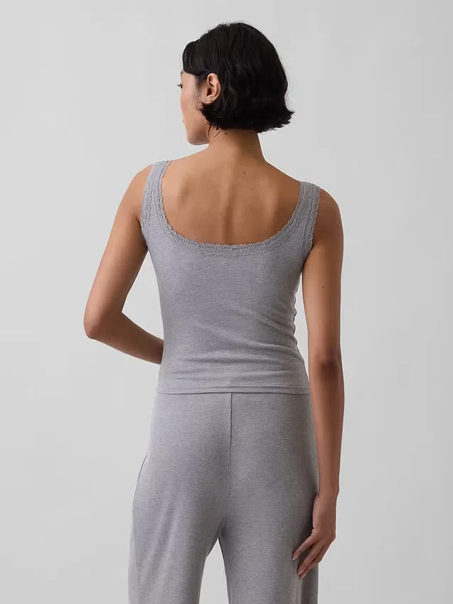 Mini Nervürlü Dantel Henley Pijama Tank Top