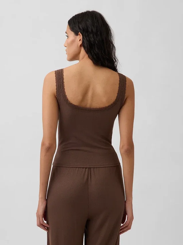 Mini Nervürlü Dantel Henley Pijama Tank Top