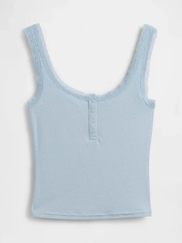 Mini Nervürlü Dantel Henley Pijama Tank Top