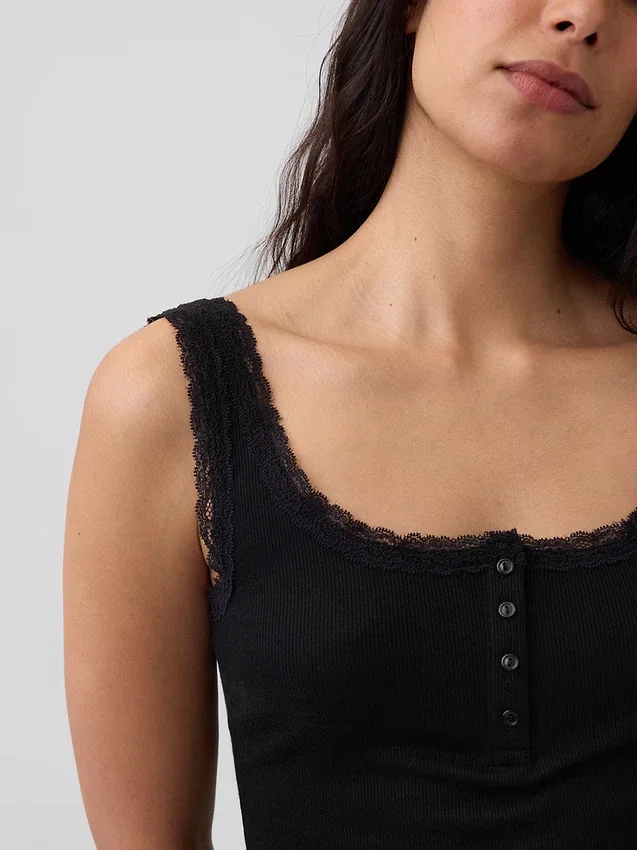 Mini Nervürlü Dantel Henley Pijama Tank Top