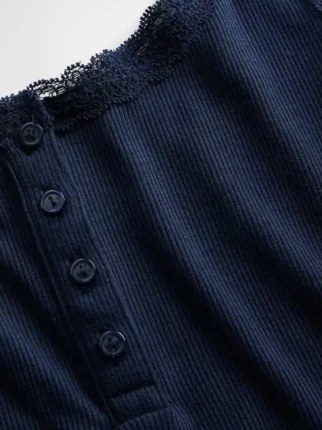Mini Nervürlü Dantel Henley Pijama Tank Top