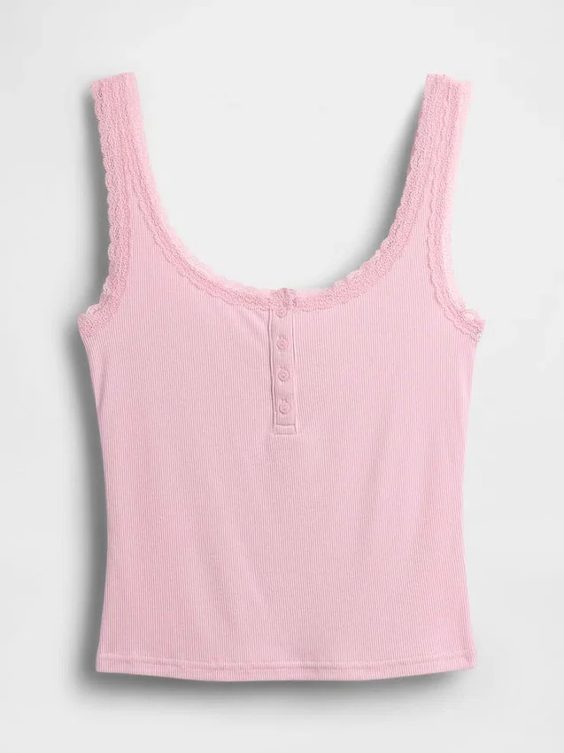 Mini Nervürlü Dantel Henley Pijama Tank Top