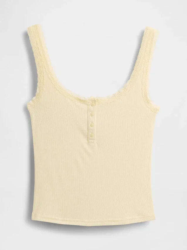 Mini Nervürlü Dantel Henley Pijama Tank Top
