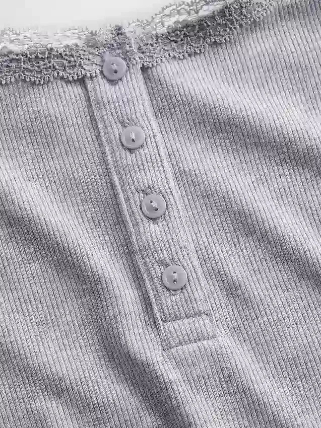 Mini Nervürlü Dantel Henley Pijama Tank Top