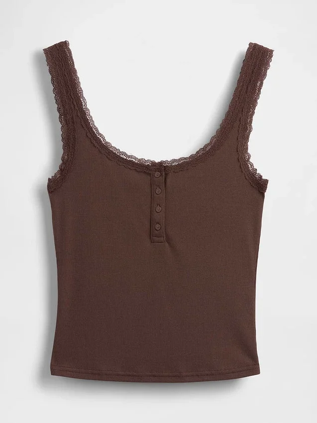Mini Nervürlü Dantel Henley Pijama Tank Top