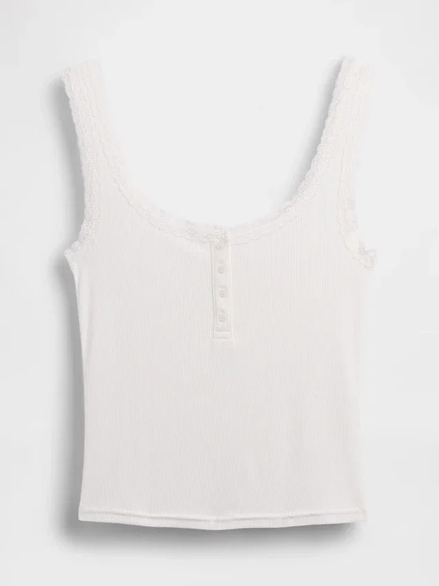 Mini Nervürlü Dantel Henley Pijama Tank Top