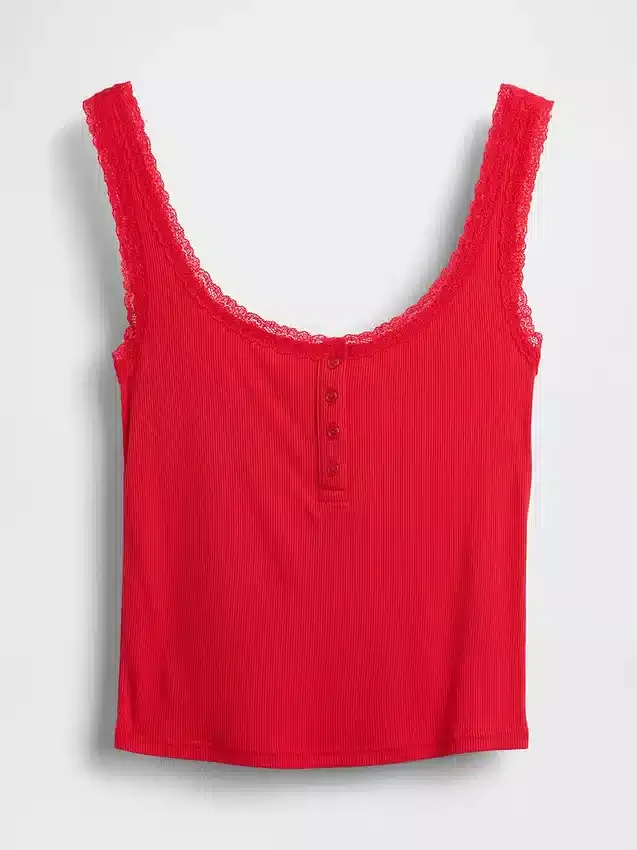 Mini Nervürlü Dantel Henley Pijama Tank Top