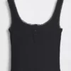 Mini Nervürlü Dantel Henley Pijama Tank Top
