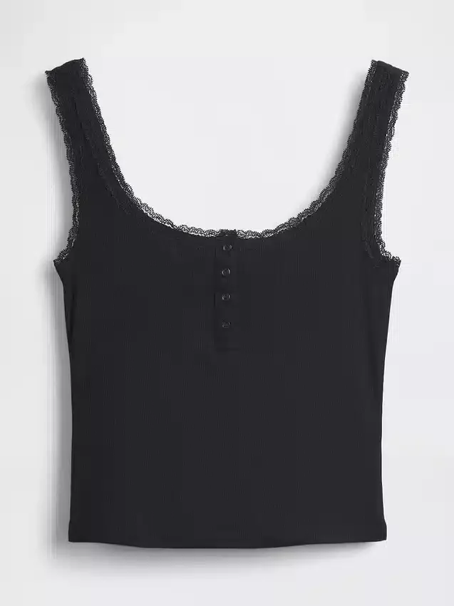Mini Nervürlü Dantel Henley Pijama Tank Top