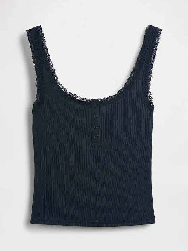 Mini Nervürlü Dantel Henley Pijama Tank Top