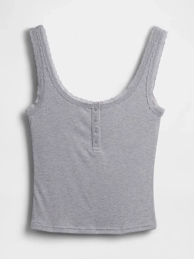 Mini Nervürlü Dantel Henley Pijama Tank Top