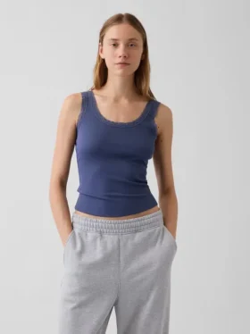 Mini Nervürlü Dantel Süslemeli Pijama Tank Top