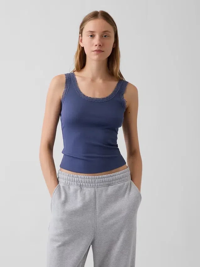 Mini Nervürlü Dantel Süslemeli Pijama Tank Top
