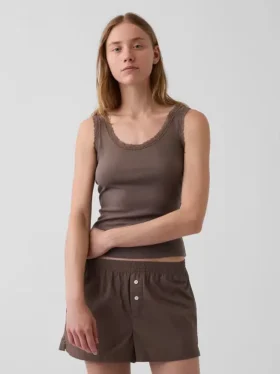 Mini Nervürlü Dantel Süslemeli Pijama Tank Top