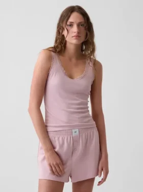 Mini Nervürlü Dantel Süslemeli Pijama Tank Top