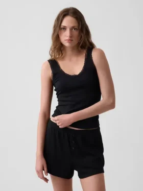 Mini Nervürlü Dantel Süslemeli Pijama Tank Top