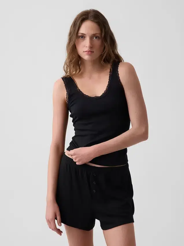 Mini Nervürlü Dantel Süslemeli Pijama Tank Top