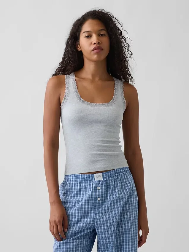 Mini Nervürlü Dantel Süslemeli Pijama Tank Top