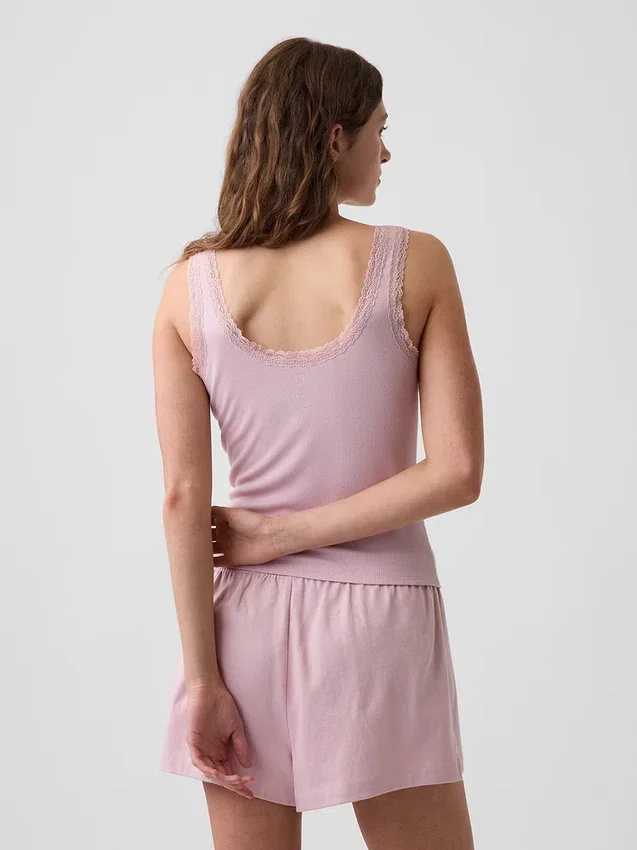 Mini Nervürlü Dantel Süslemeli Pijama Tank Top