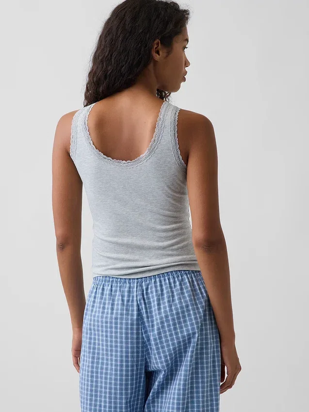 Mini Nervürlü Dantel Süslemeli Pijama Tank Top