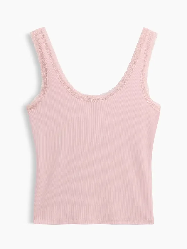 Mini Nervürlü Dantel Süslemeli Pijama Tank Top