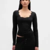 Mini Ribana Dantel Süslemeli Pijama Üst Giyim