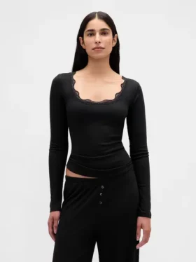 Mini Ribana Dantel Süslemeli Pijama Üst Giyim