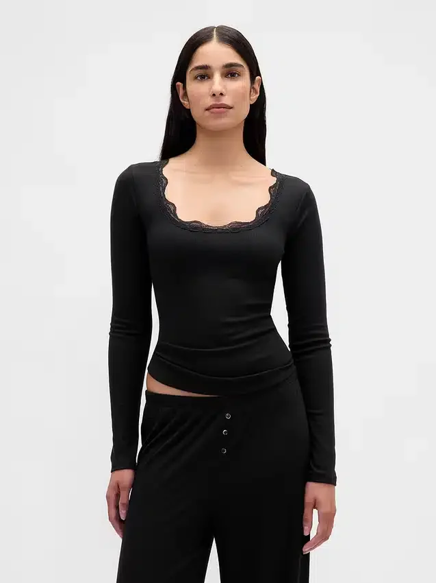 Mini Ribana Dantel Süslemeli Pijama Üst Giyim