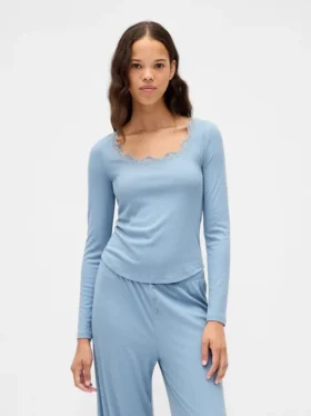 Mini Ribana Dantel Süslemeli Pijama Üst Giyim