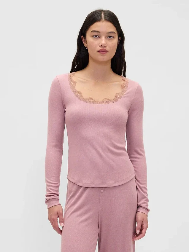 Mini Ribana Dantel Süslemeli Pijama Üst Giyim