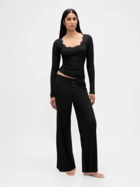 Mini Ribana Dantel Süslemeli Pijama Üst Giyim