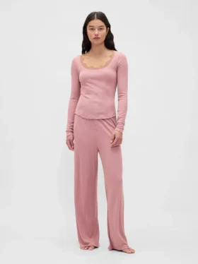 Mini Ribana Dantel Süslemeli Pijama Üst Giyim