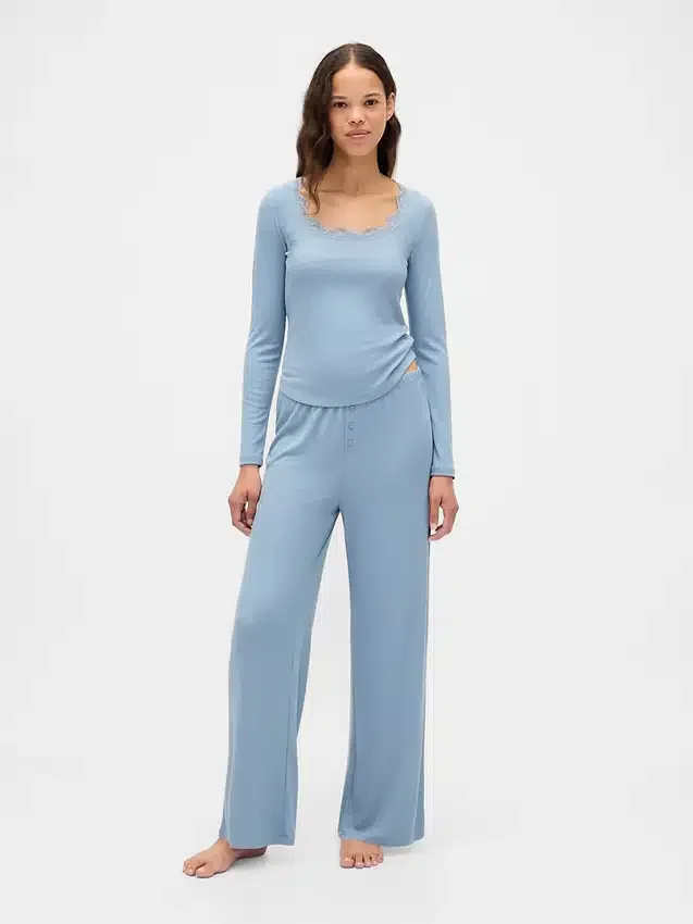 Mini Ribana Dantel Süslemeli Pijama Üst Giyim
