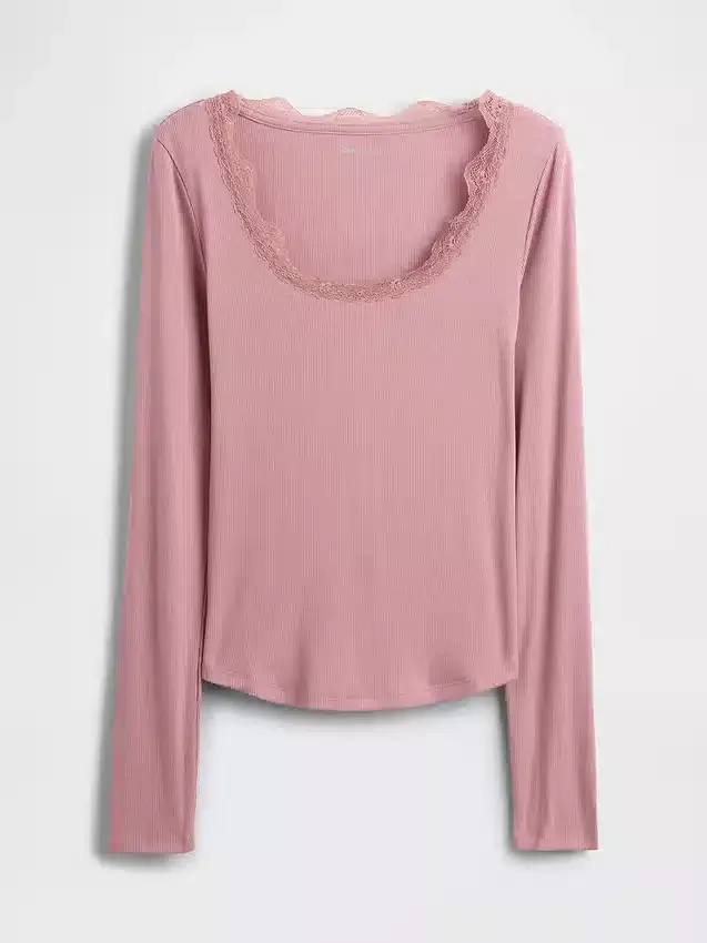 Mini Ribana Dantel Süslemeli Pijama Üst Giyim