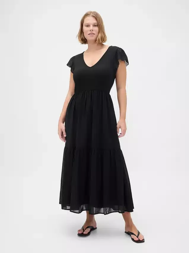 Modern Karışık Malzemeli Fırfırlı Maxi Elbise
