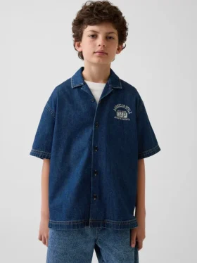 Çocuk Denim Gevşek Kesim New York Logolu Gömlek