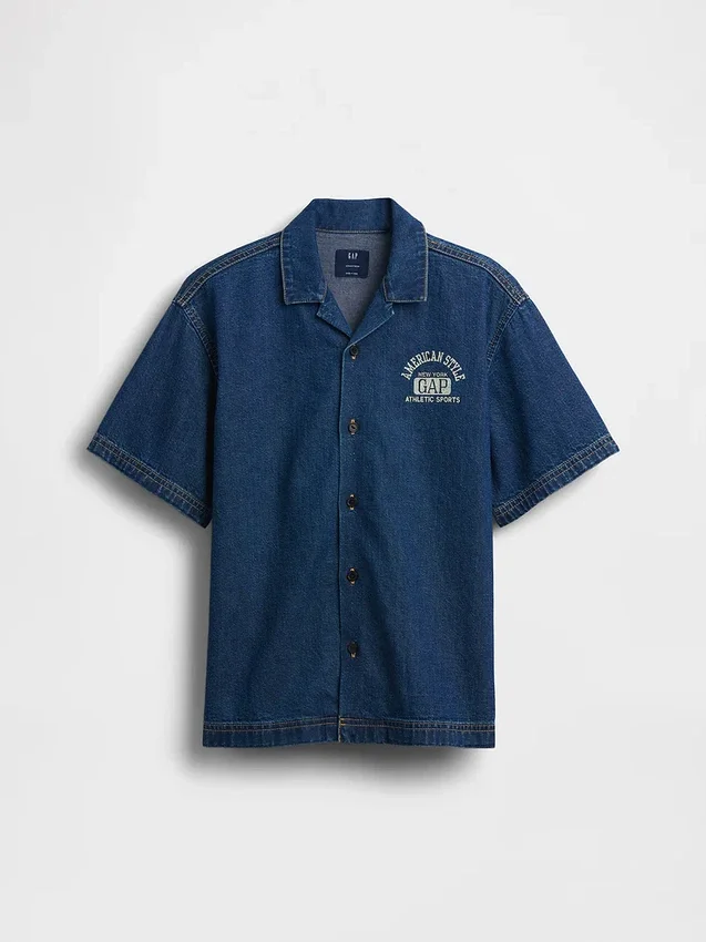 Çocuk Denim Gevşek Kesim New York Logolu Gömlek