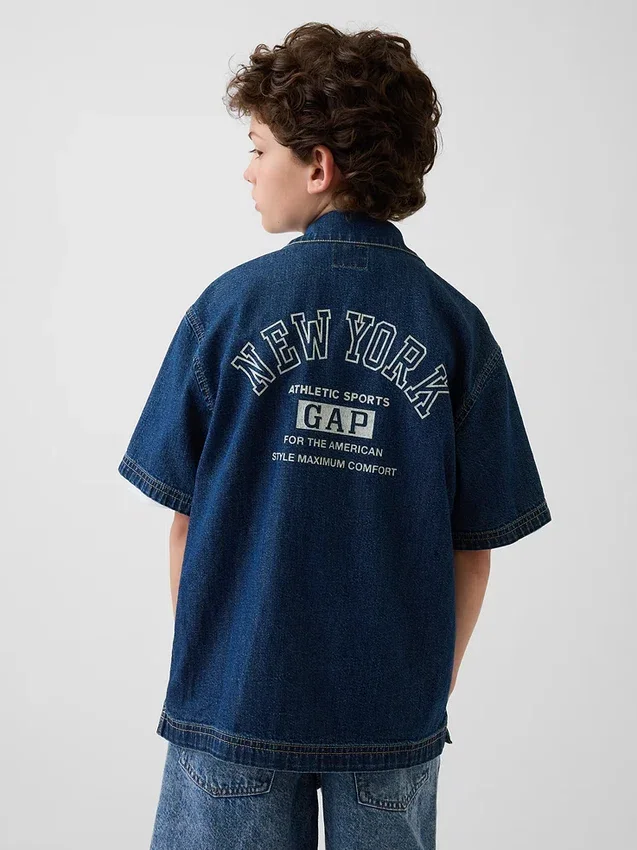 Çocuk Denim Gevşek Kesim New York Logolu Gömlek
