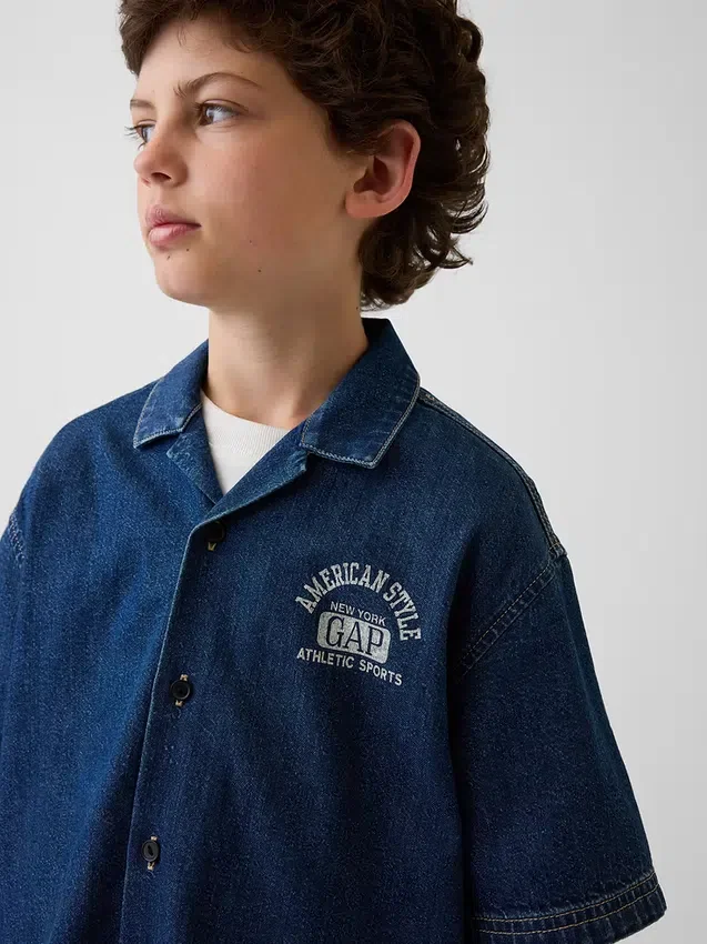 Çocuk Denim Gevşek Kesim New York Logolu Gömlek