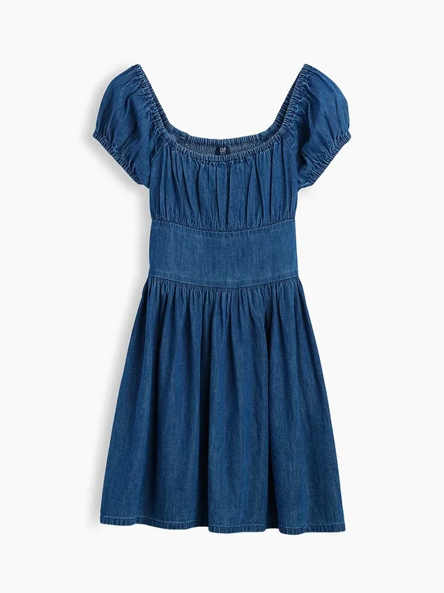 Çocuk Denim Kabarık Kollu Mini Elbise