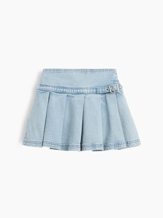 Çocuk Denim Pileli Mini Etek